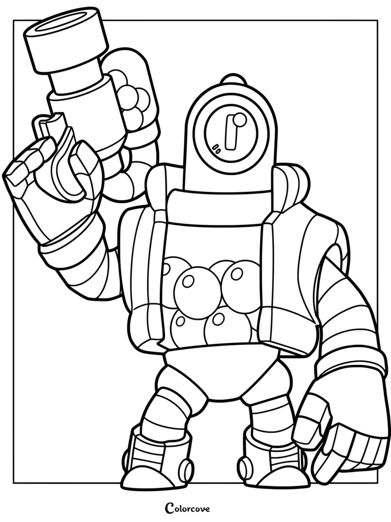 Rico from Brawl Stars holding his signature blaster in a detailed line art coloring page.