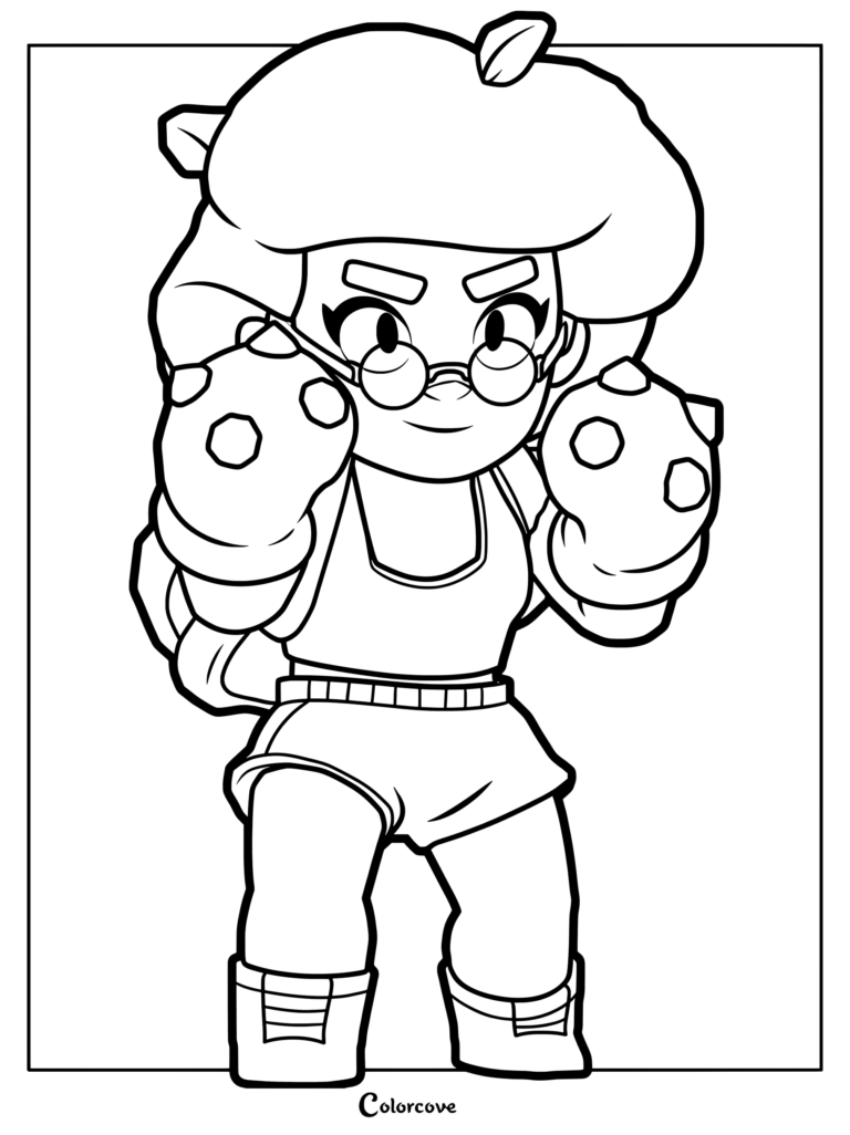 Rosa from Brawl Stars wearing glasses and large boxing gloves in a printable coloring page format.