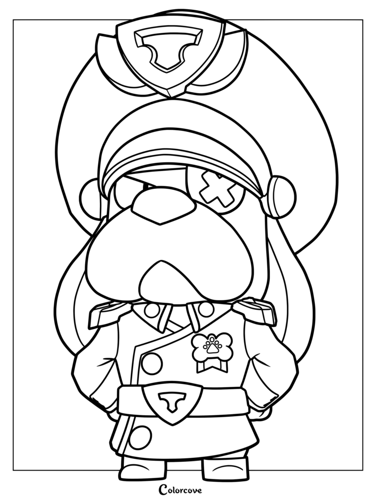 Colonel Ruffs from Brawl Stars wearing his military uniform and hat in a printable coloring page format.
