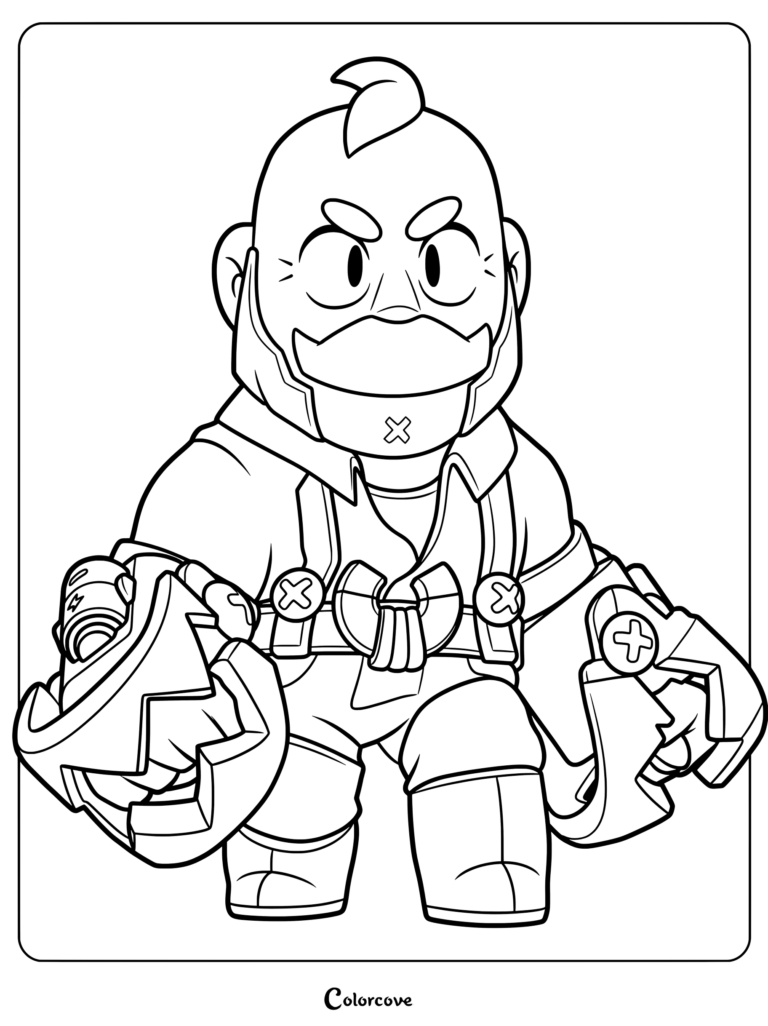Sam from Brawl Stars wearing his signature mechanical knuckle busters in a detailed line art coloring page.