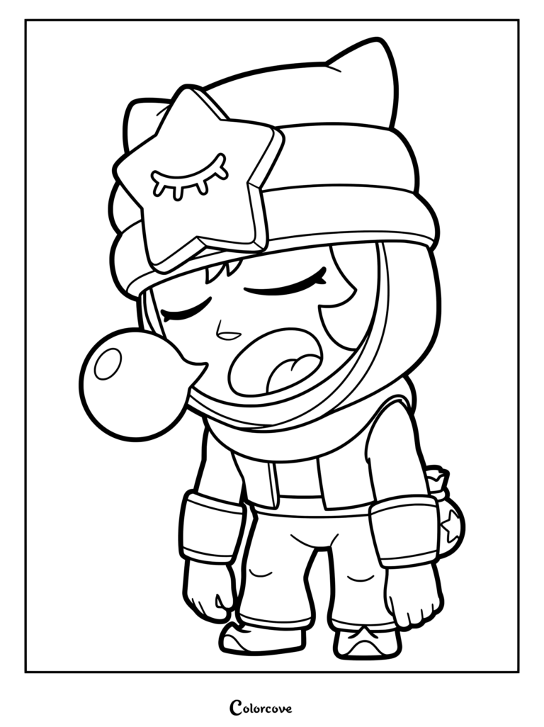 Sandy from Brawl Stars wearing his signature star hat and blowing a bubblegum bubble, detailed line art coloring page.