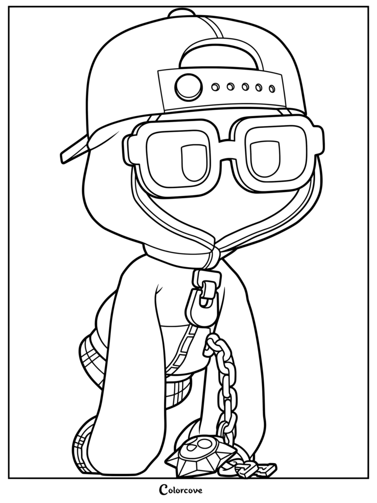 Brawl Stars Shade character wearing a hoodie, cap, and glasses, detailed line art coloring page.