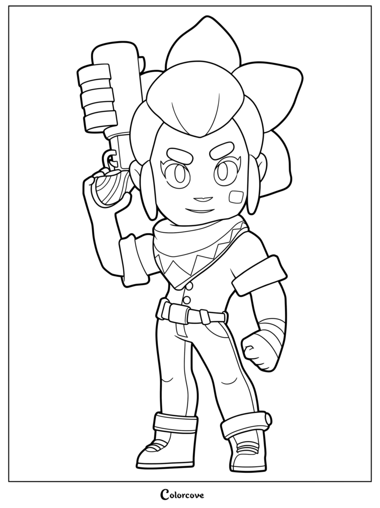 Shelly from Brawl Stars holding her signature shotgun in a detailed black and white coloring page illustration.