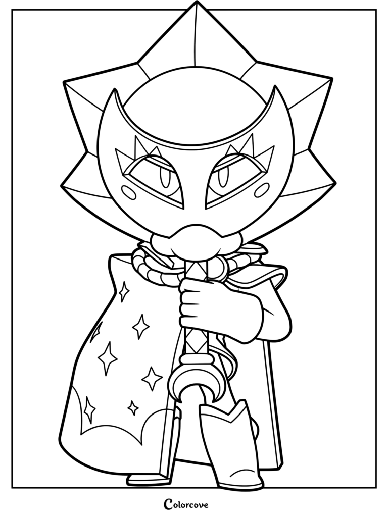 Sirius from Brawl Stars wearing a star-shaped mask and star-patterned cape, holding a sword in this printable coloring page.