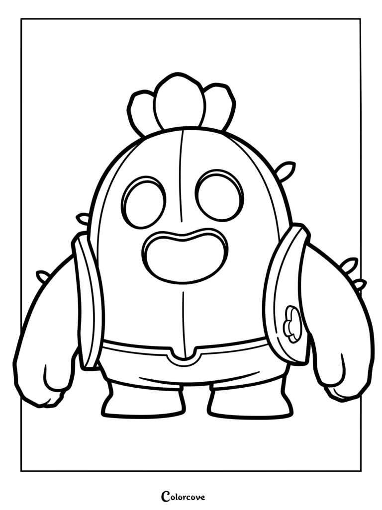 Spike from Brawl Stars standing in a simple pose, line art coloring page for kids.