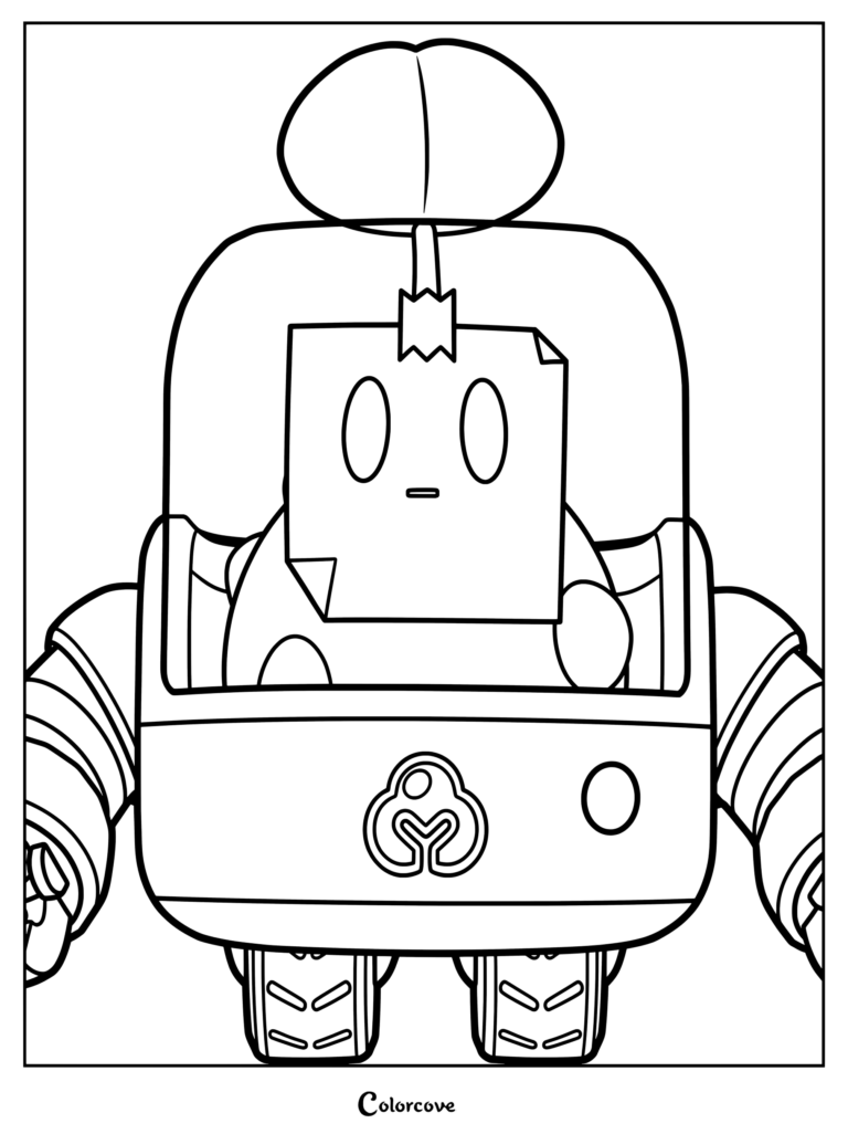 Sprout from Brawl Stars in a detailed line art coloring page featuring its robotic body and glass dome.