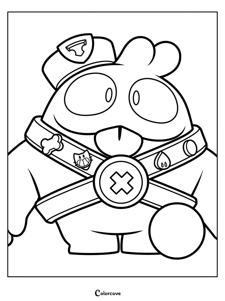 A detailed line art coloring page of Squeak from Brawl Stars, featuring his signature cap, collar with pins, and large expressive eyes.