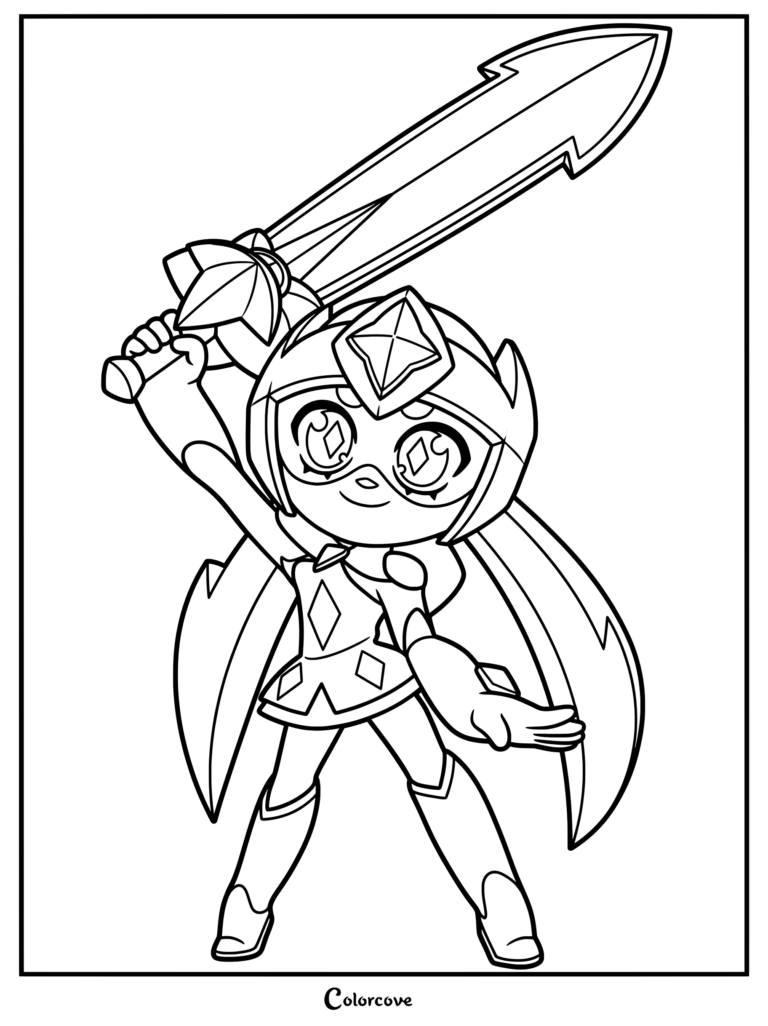 Starr Nova from Brawl Stars holding a large sword in a dynamic pose, printable coloring page.