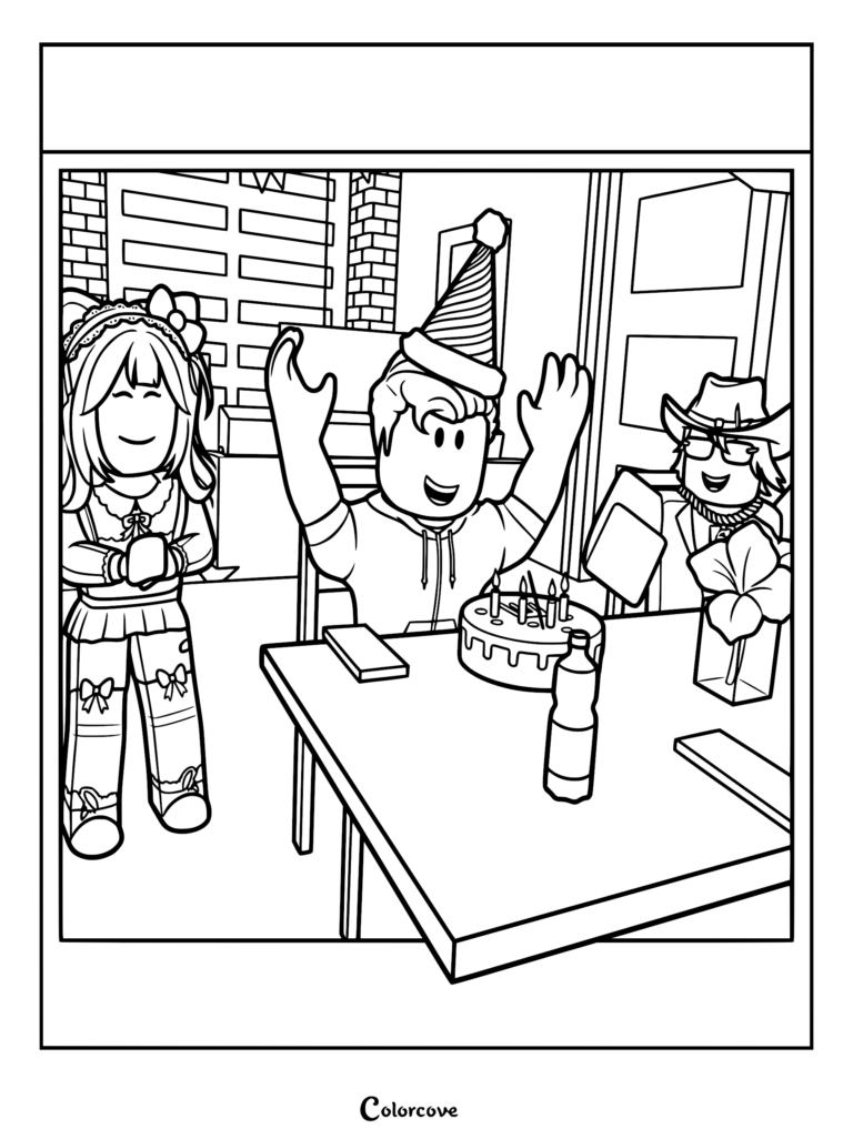 Brookhaven RP characters celebrating a birthday party with a cake and party hat, printable coloring page.