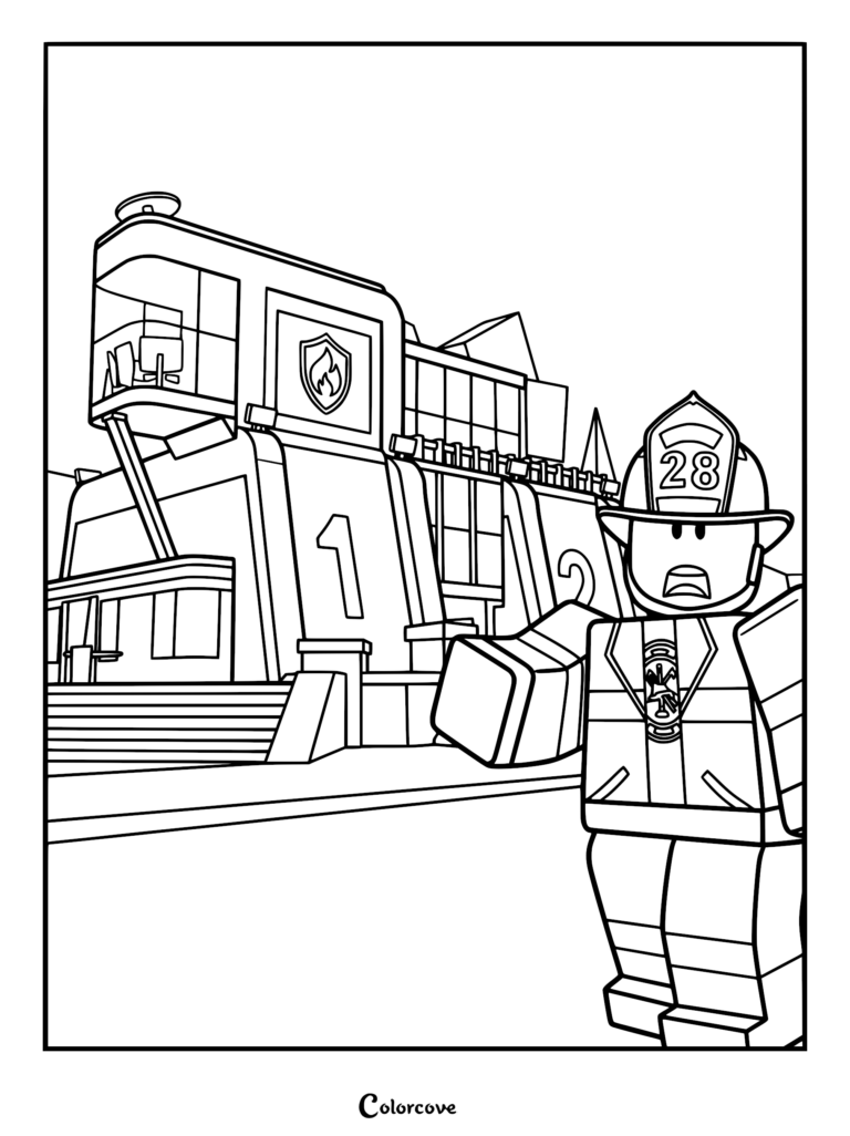 A Roblox Brookhaven RP firefighter wearing helmet number 28 standing in front of the town fire station, available as a printable coloring page.