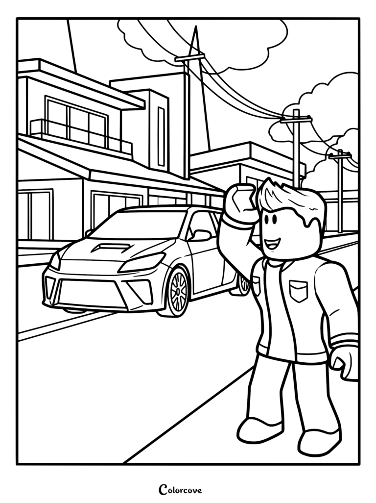 A Brookhaven RP character waving in front of a modern suburban house and sports car coloring page