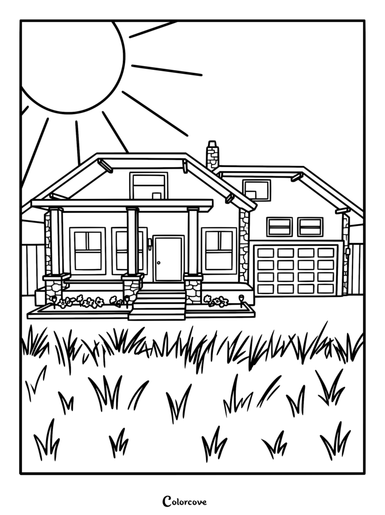 A printable coloring page featuring a suburban Brookhaven RP house with a front porch, garage, and a bright sun in the sky.