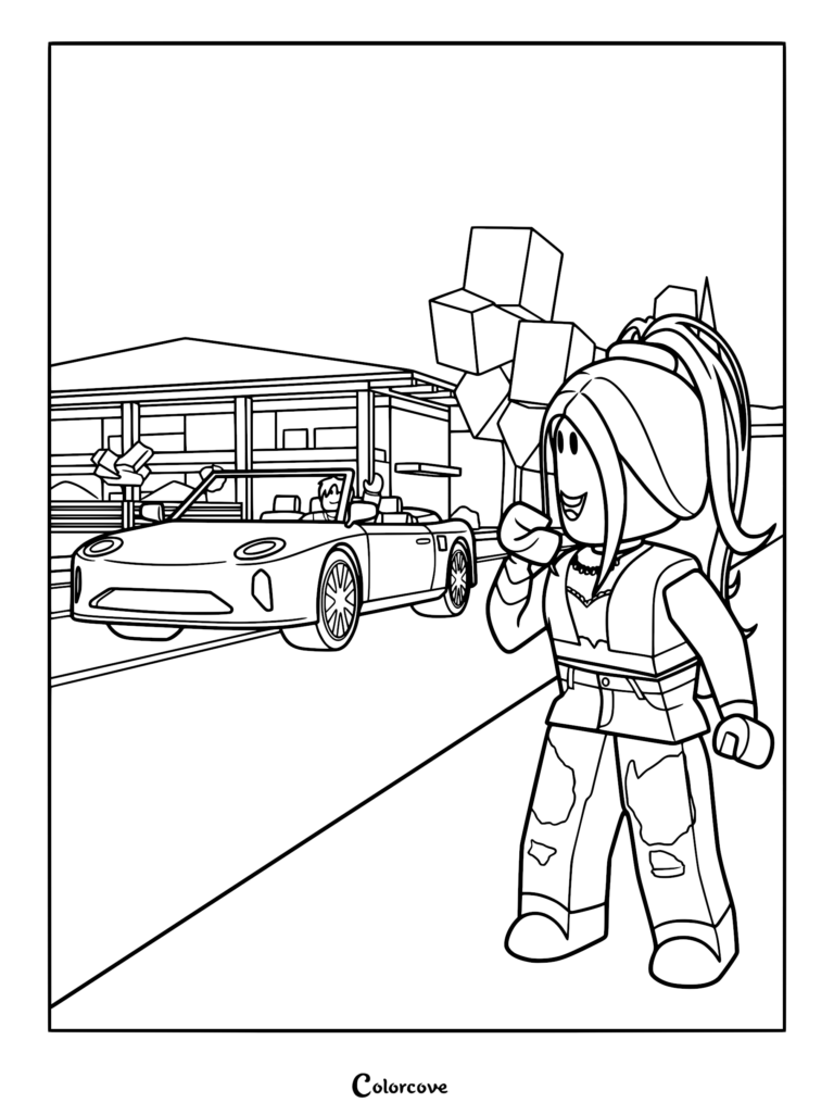 A Roblox Brookhaven RP character with a high ponytail waving at a friend driving a convertible car in front of a suburban house, printable coloring page.