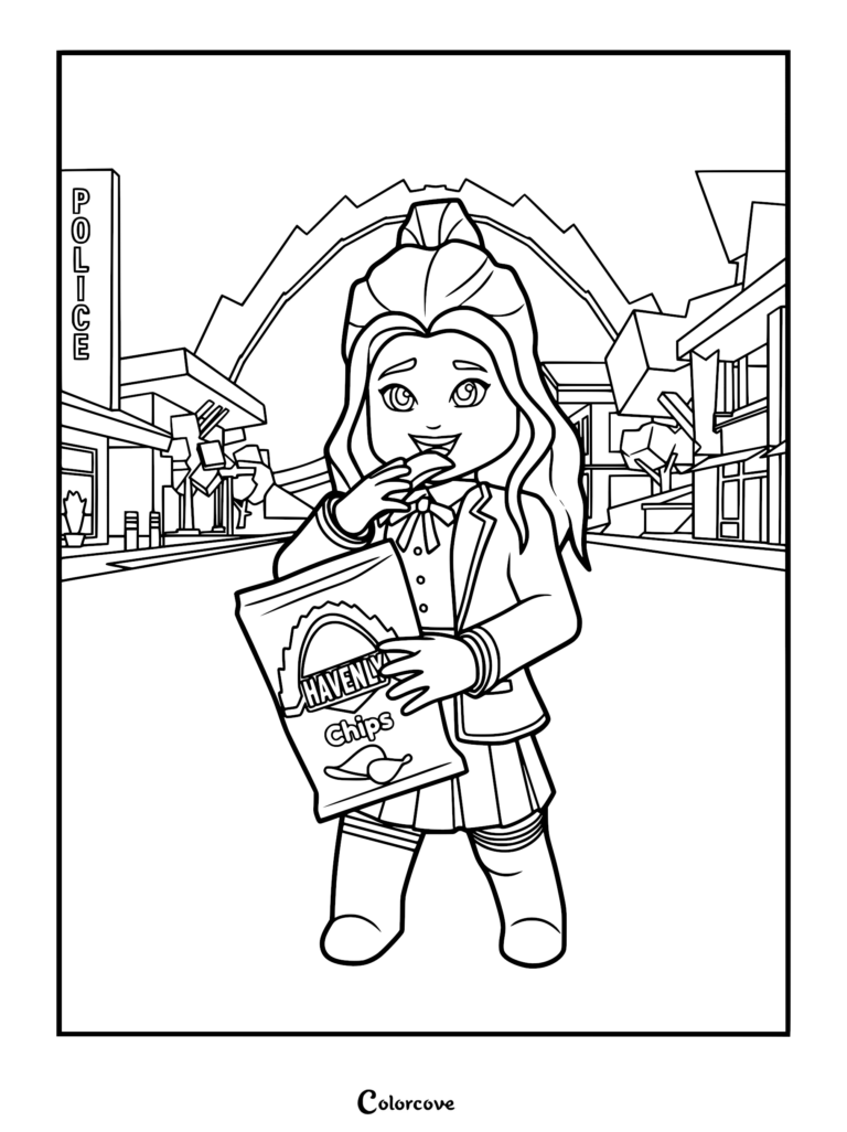 A Brookhaven RP coloring page featuring a girl in a school uniform eating Havenly Chips in front of the Haven Plaza police station.