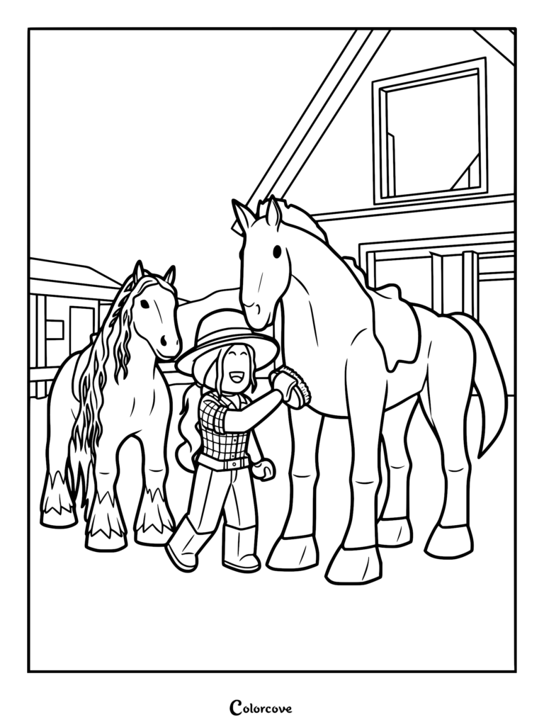 A Brookhaven RP character wearing a hat and plaid shirt grooming a horse outside a stable, with another horse standing nearby on this printable coloring page.