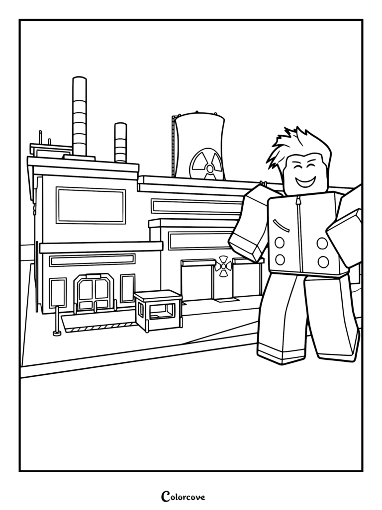 A Roblox character standing in front of the Brookhaven RP Nuclear Power Plant, detailed line art coloring page.