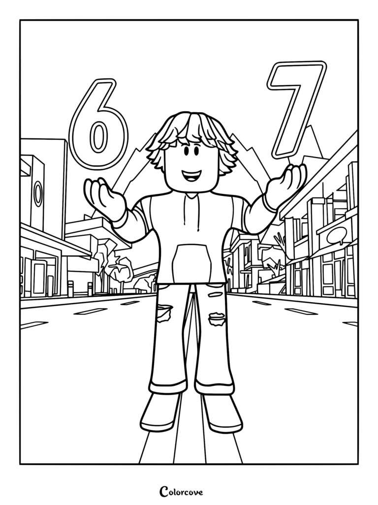 A Roblox avatar standing in the Brookhaven Plaza holding the numbers 6 and 7 in this printable coloring page.