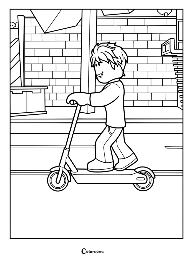 A Roblox Brookhaven RP character smiling while riding a scooter on a city street, available as a printable coloring page.