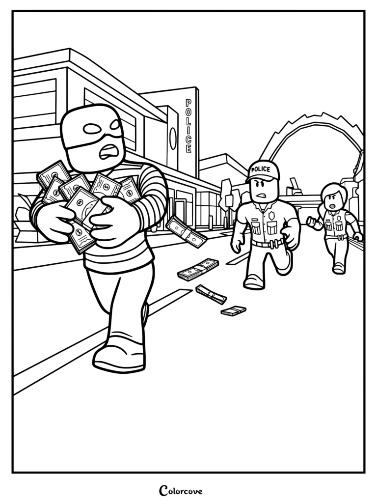 A Brookhaven RP coloring page featuring a masked robber holding stacks of cash while being chased by two police officers in front of the town bank.
