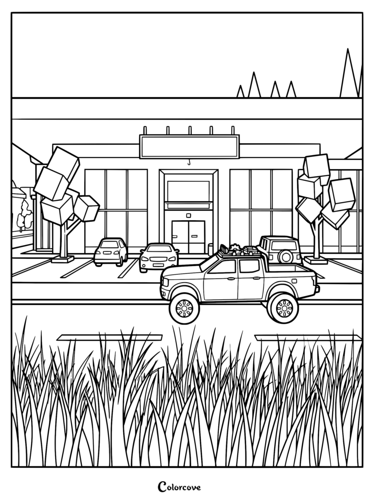 A printable coloring page featuring the Brookhaven Bank building with a pickup truck parked in front and blocky trees in the foreground.