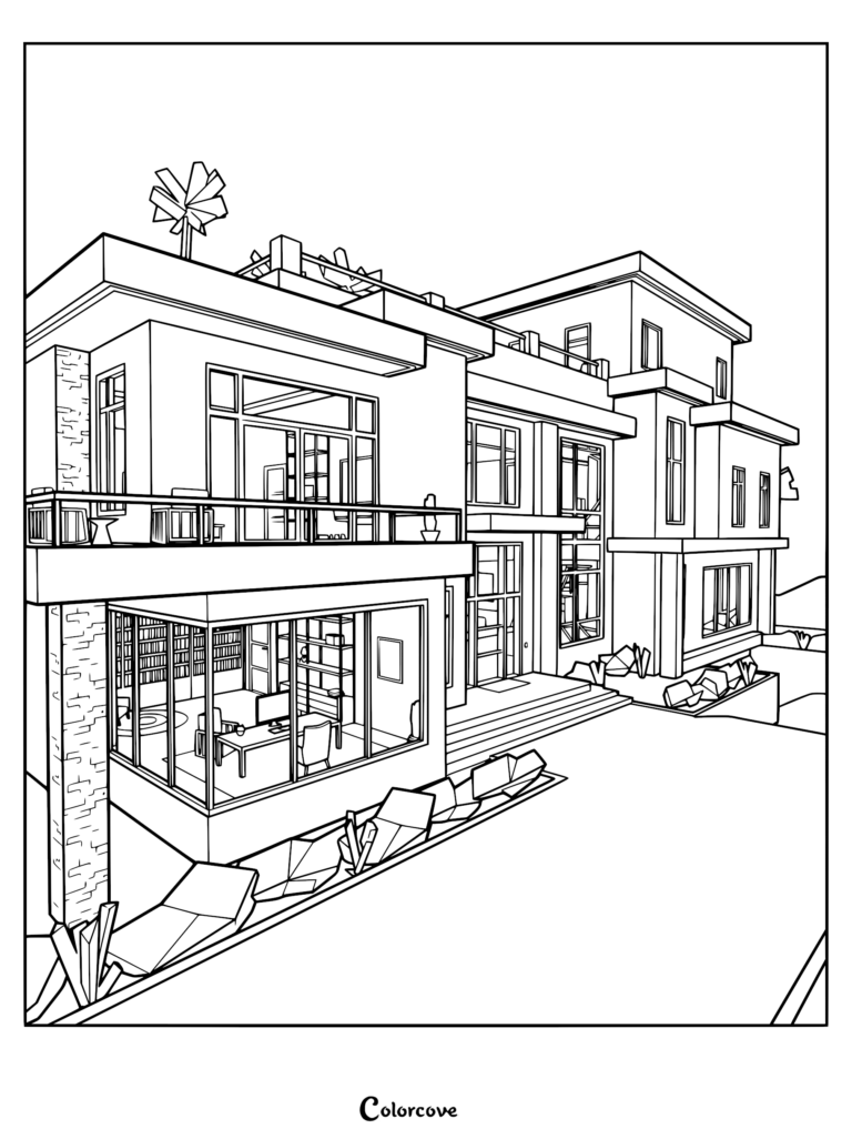 A detailed coloring page of the Rose Gold Mansion from Brookhaven RP, featuring modern architecture, large glass windows, and a rooftop terrace.