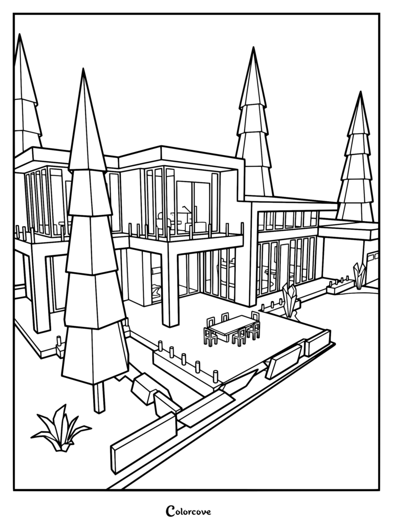 A detailed coloring page of a modern Scandinavian mansion in Brookhaven RP, featuring large glass windows, a patio dining set, and tall pine trees.