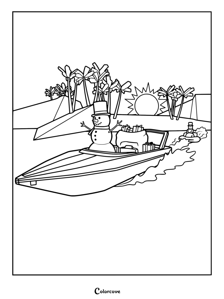 A snowman steering a speedboat filled with gifts near a tropical beach, printable coloring page.