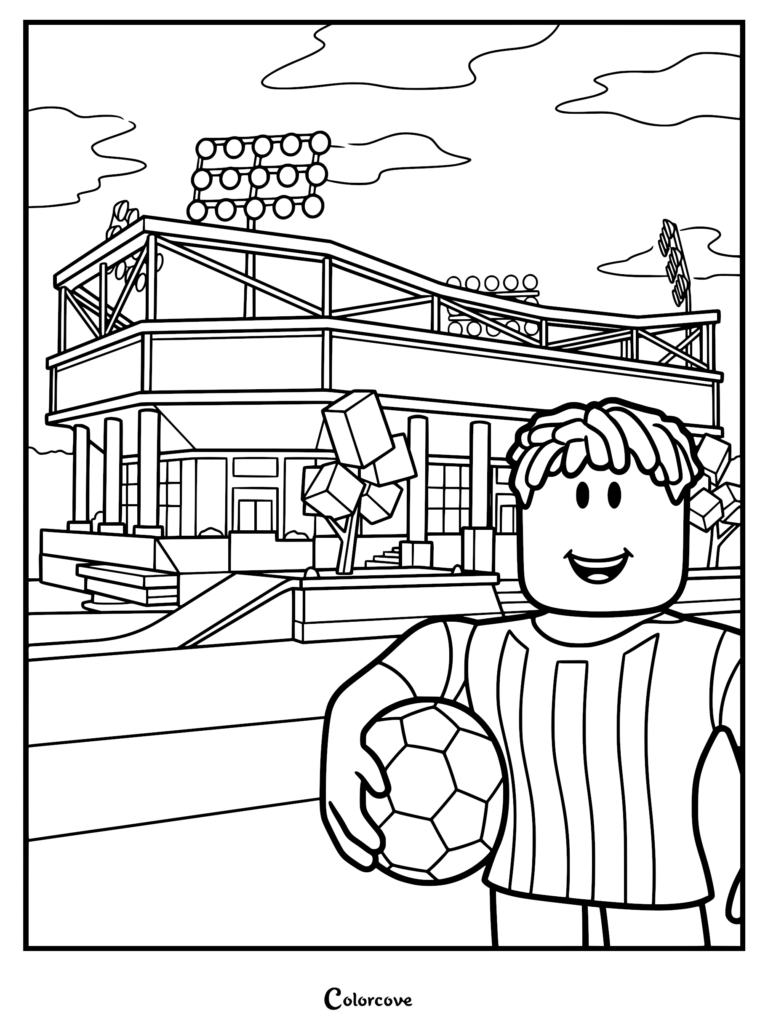 A Roblox character holding a soccer ball in front of the Brookhaven RP soccer stadium, detailed line art coloring page.