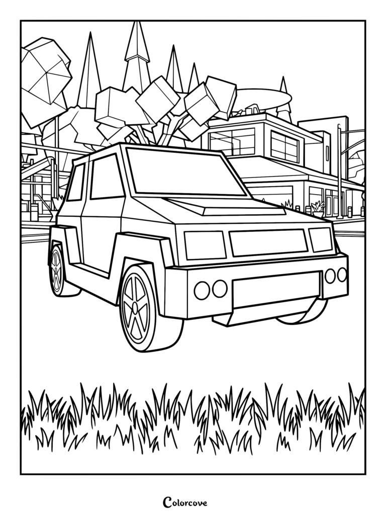 A printable coloring page featuring a blocky sports utility vehicle parked in front of a modern Brookhaven RP building.