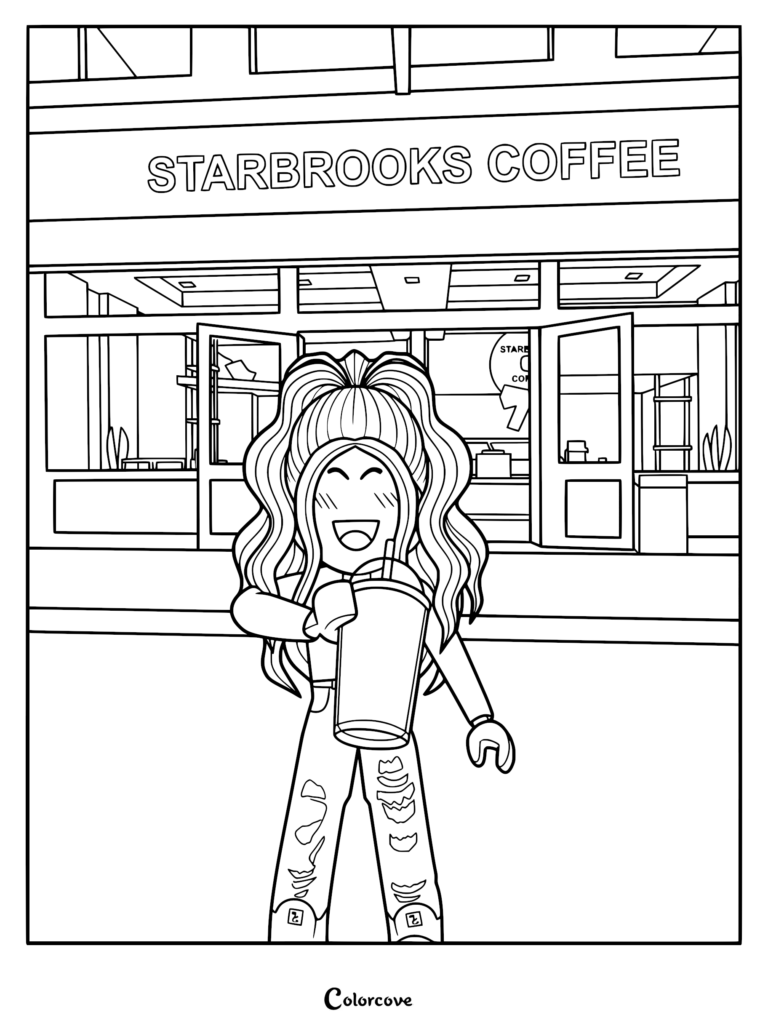 A Brookhaven RP character with long wavy hair holding a large iced coffee cup in front of the Starbrooks Coffee shop, presented as a printable coloring page.
