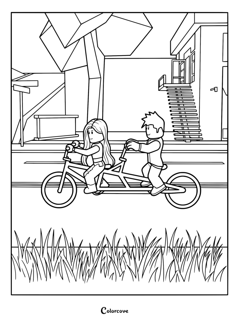 A printable coloring page featuring two Roblox characters riding a tandem bike together in the Brookhaven RP neighborhood.