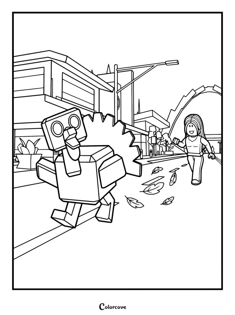 A Brookhaven RP coloring page featuring a blocky turkey running down a city street while a player character chases it during a Turkey Hunt scavenger hunt.