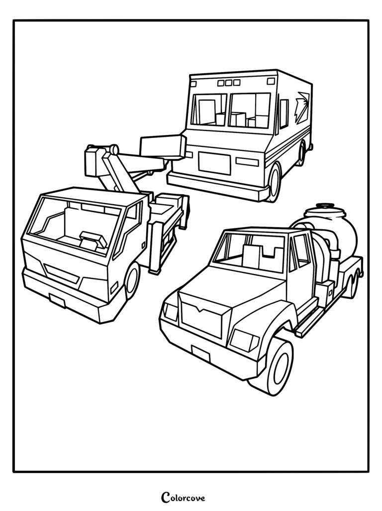 A printable coloring page featuring a collection of Brookhaven RP utility vehicles, including a tow truck, a delivery van, and a water tanker truck.