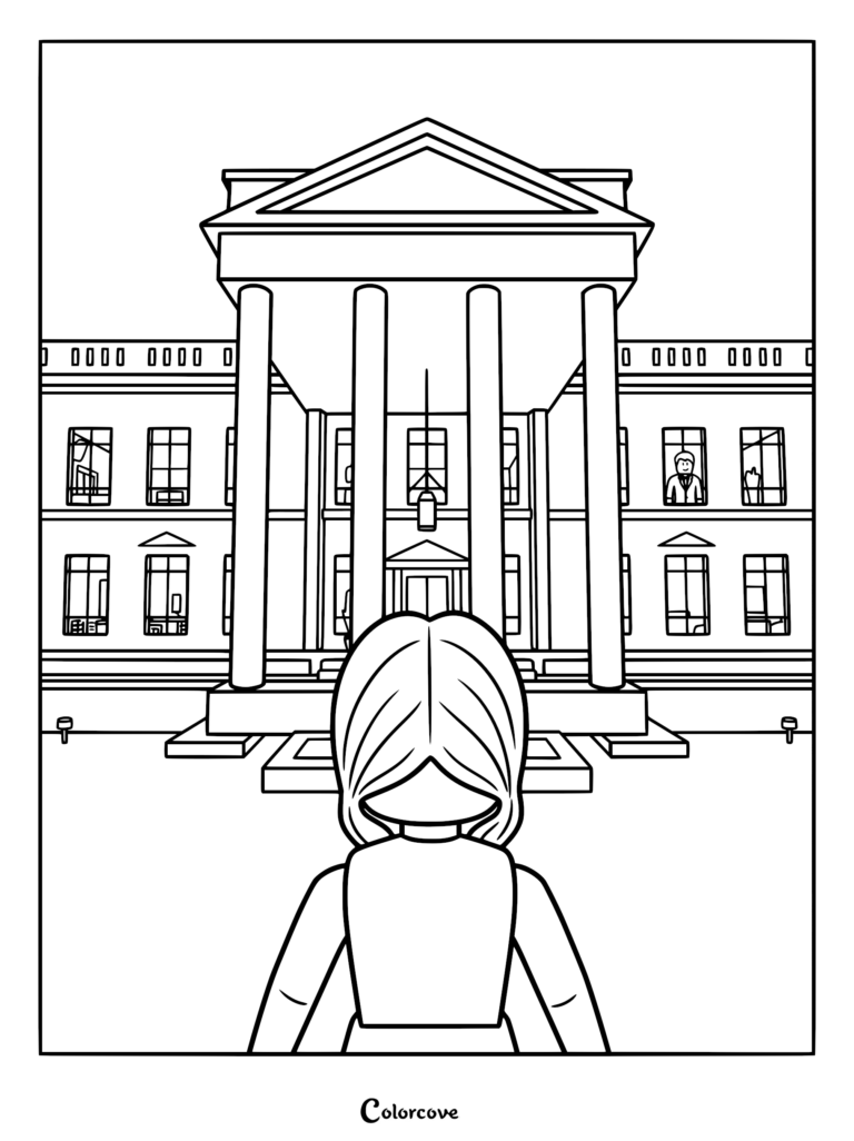 A Brookhaven RP character standing in front of the White House, featured in a printable coloring page.