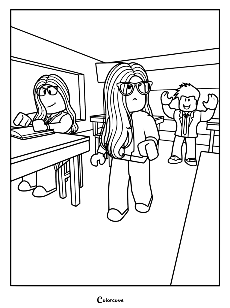 Brookhaven High School coloring page featuring students in a classroom with one student studying at a desk, another walking, and a third cheering in the background.