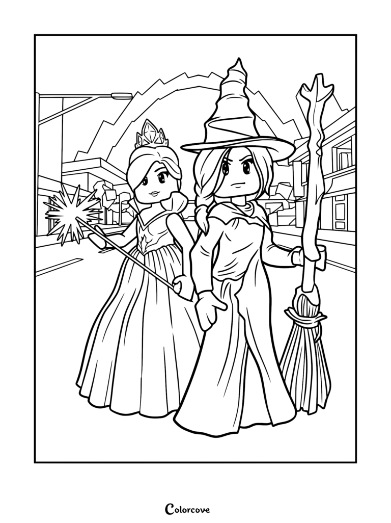 Glinda and Elphaba from the Wicked event in Brookhaven RP, featuring Glinda with her wand and crown and Elphaba with her broomstick in a printable coloring page format.