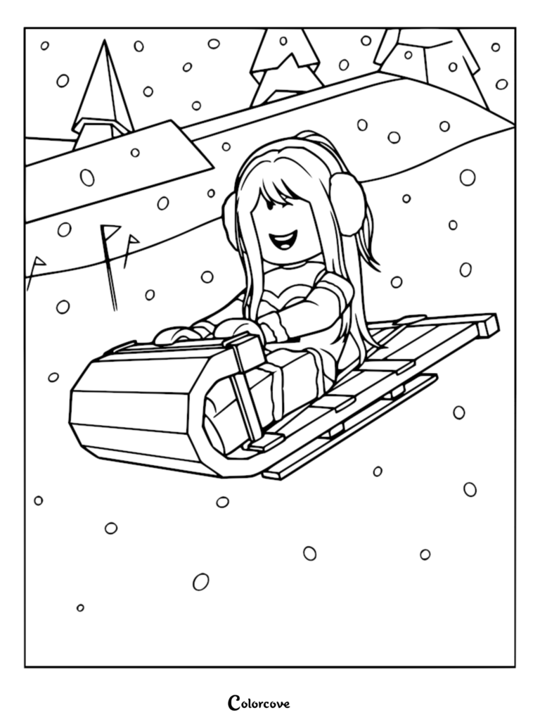 A Brookhaven RP character wearing earmuffs sledding down a snowy hill during the Winter Festival event, presented as a printable coloring page.