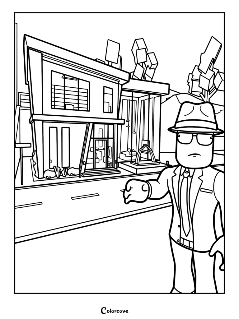 A Roblox character in a suit and fedora gesturing toward the modern Wolf Den Estate in this Brookhaven RP coloring page.