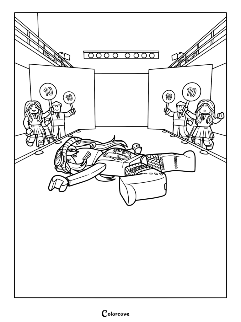 A Brookhaven RP fashion show coloring page featuring a model posing on the runway while judges hold up perfect ten score signs.