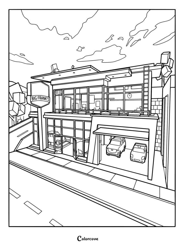 A detailed coloring page of the Big Frank's Car Mall in Brookhaven RP, featuring modern architecture, large glass windows, and cars parked in the showroom and garage.