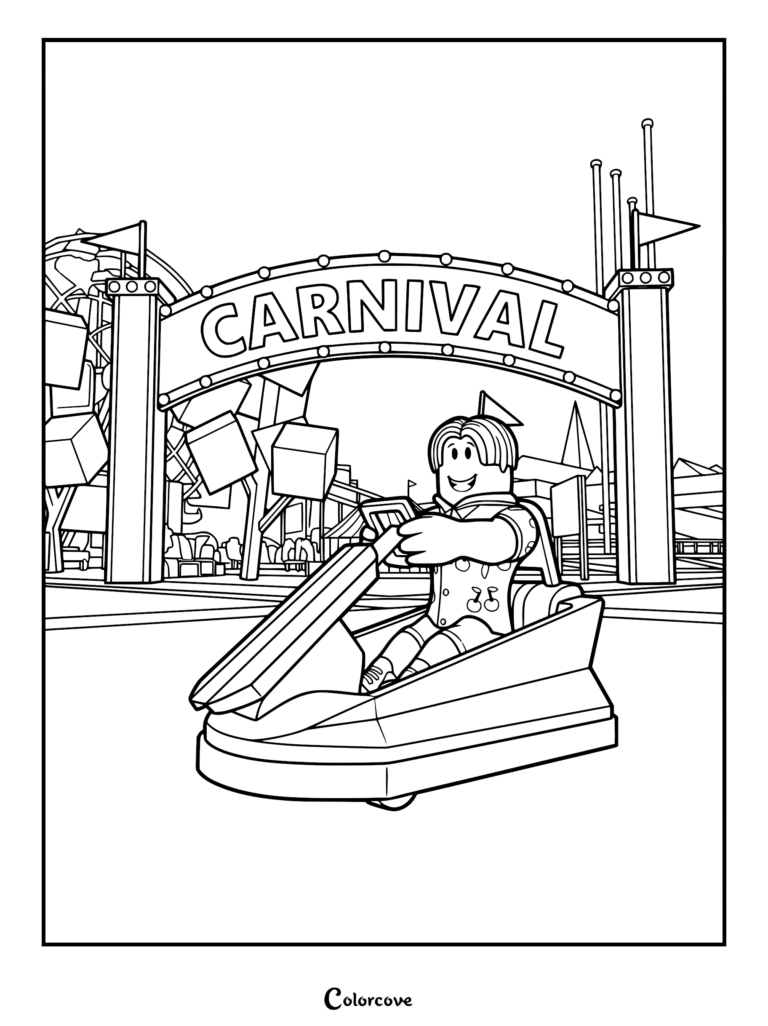 A Brookhaven RP character driving a go-kart through the entrance of a carnival, featured in this printable coloring page.