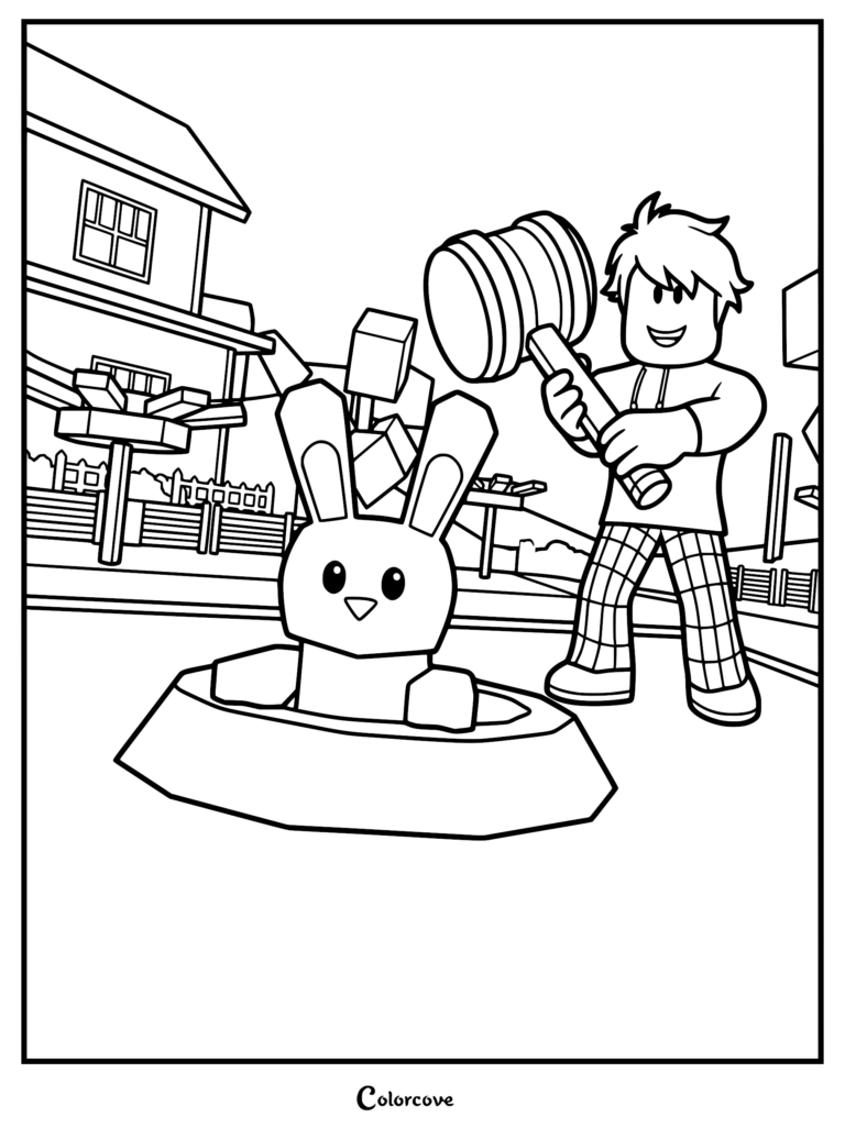 A Roblox Brookhaven RP character holding a large mallet next to a rabbit popping out of a hole during an Easter event coloring page.