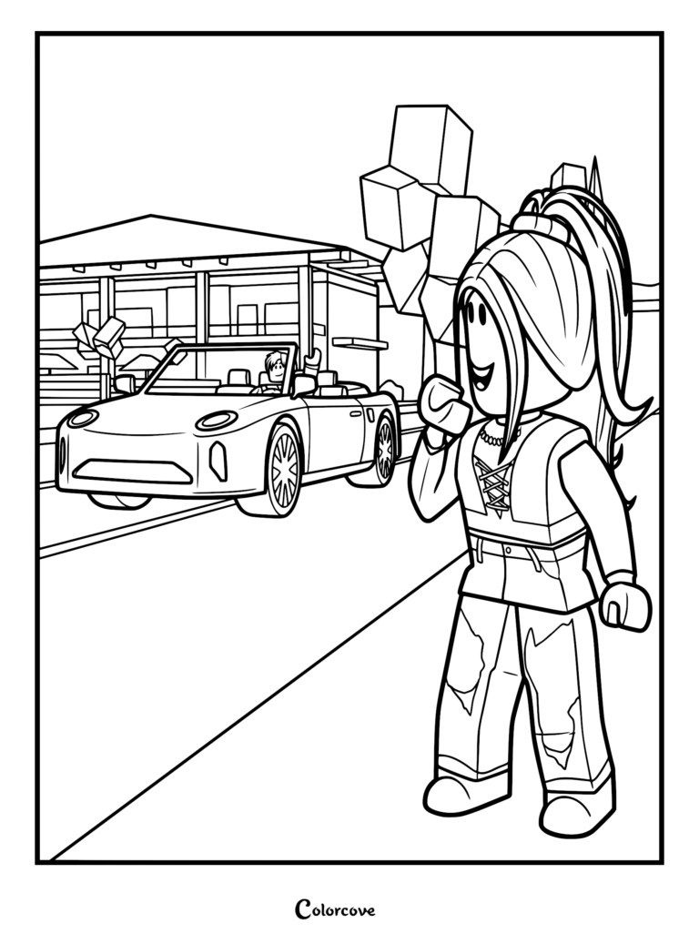 A Roblox character standing near an estate lot in Brookhaven RP while a friend drives a convertible car, printable coloring page.