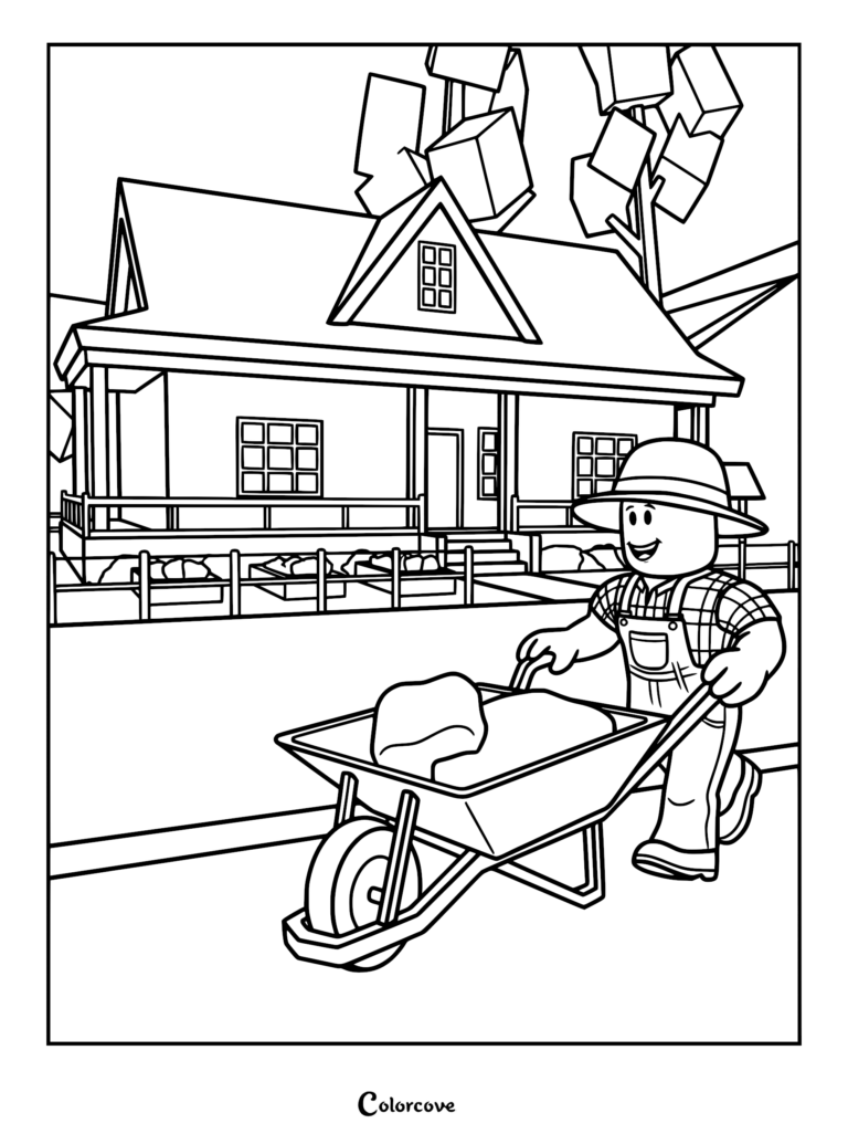 A Brookhaven RP character wearing a sun hat and overalls pushing a wheelbarrow in front of a suburban house, featured as a printable coloring page.