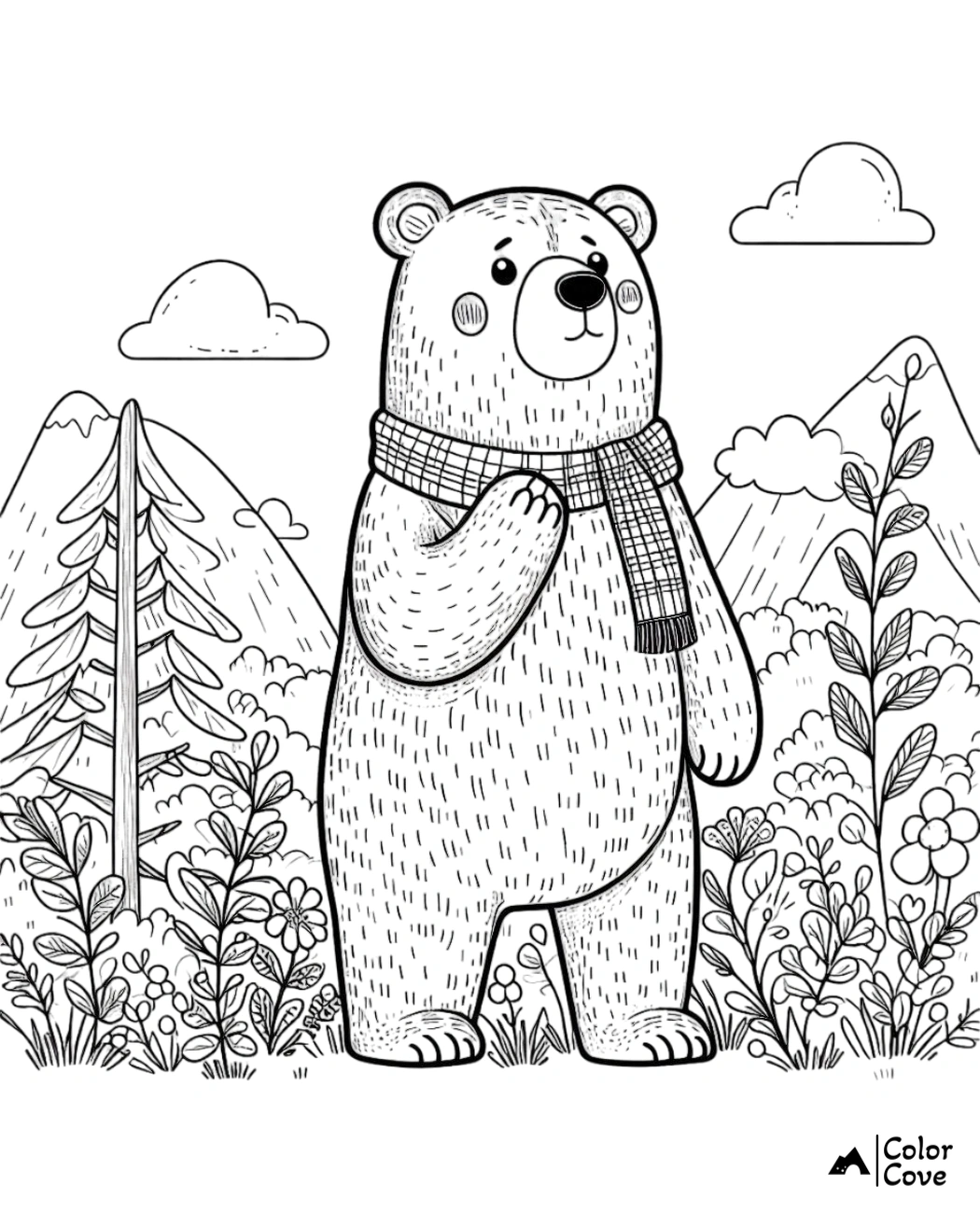 a bear with a scarf in front of mountains