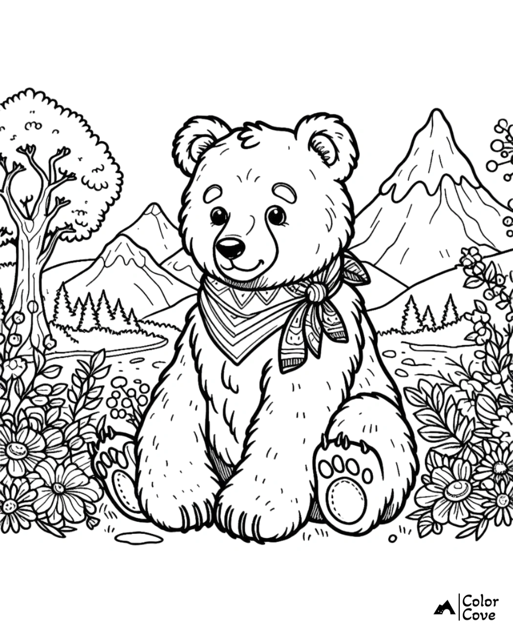 a bear sitting in a field of flowers