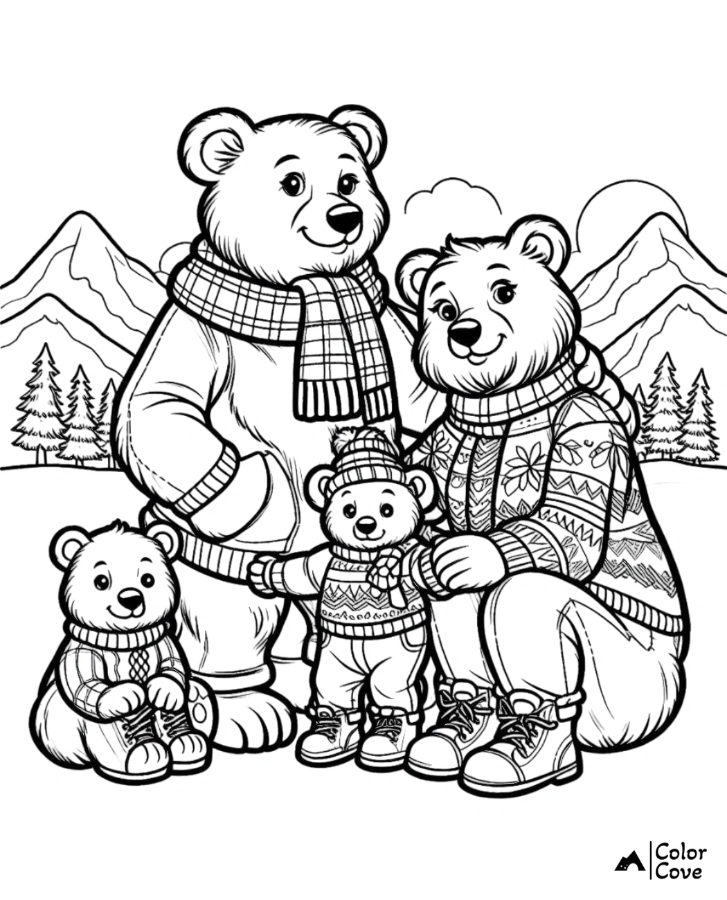 a group of bears in winter clothes