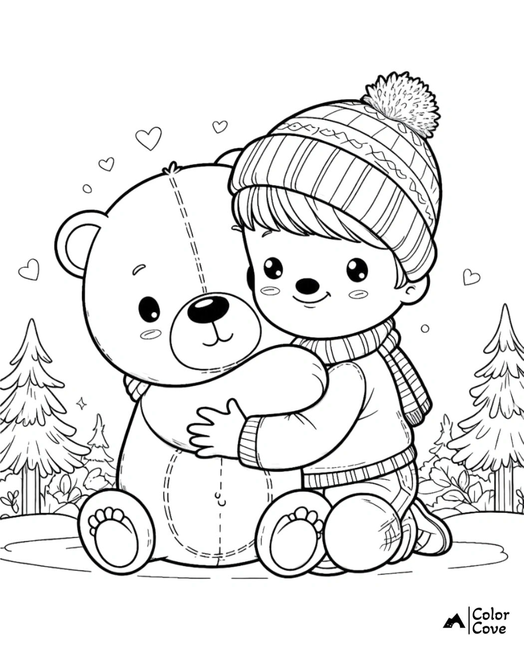 a cartoon of a boy hugging a teddy bear