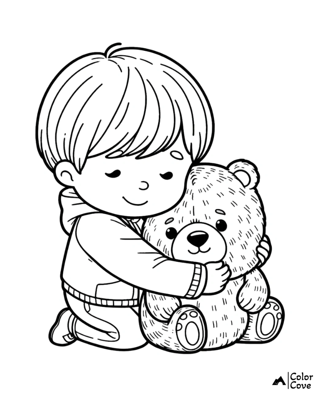 a cartoon of a boy hugging a teddy bear