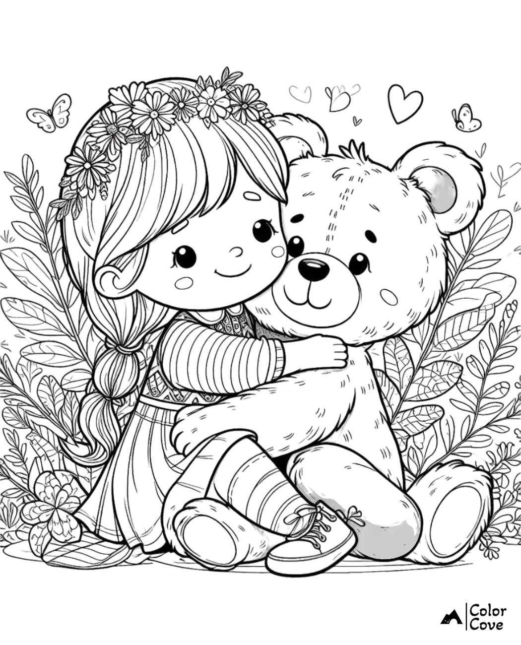 a cartoon girl hugging a teddy bear